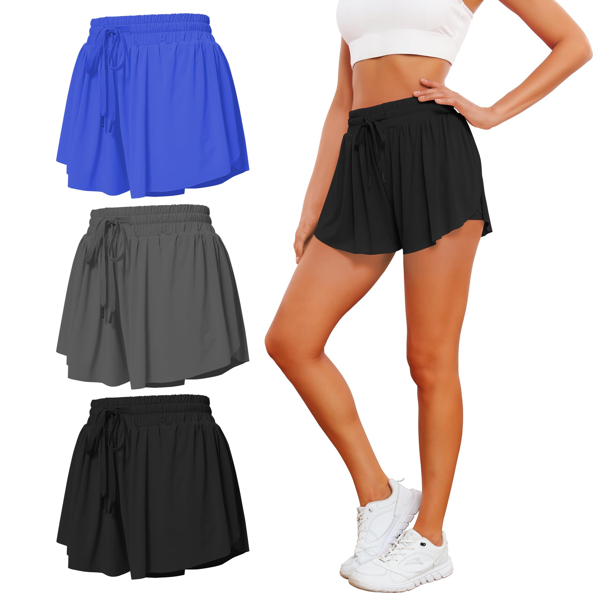 TYCTOS Women's Dual-Layer Athletic Shorts 3-Pack: Black, Dark Grey, & Royal Small